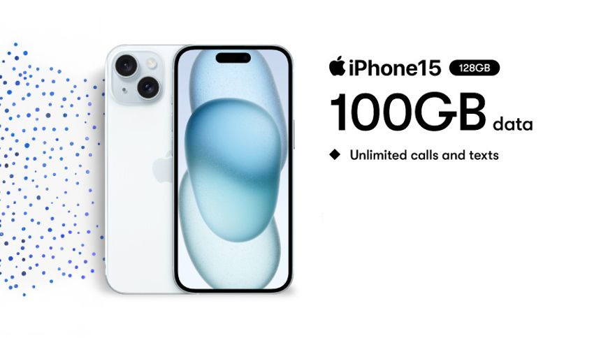 Apple iPhone 15 - 100GB data, unlimited mins & unlimited texts